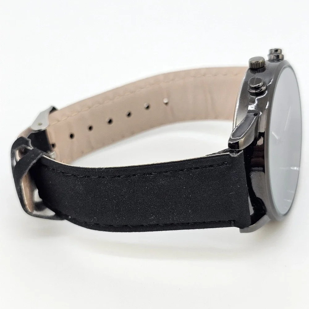 Men's Analog Watch 41MM Black Dial Date Black Faux‎ Leather Bands New Battery